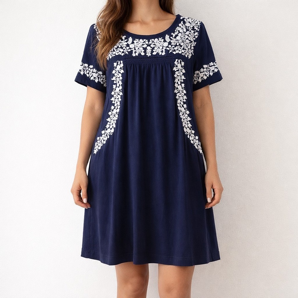 Caslon Blue Embroidered Dress Sz S White Floral Boho Shift Short Sleeve